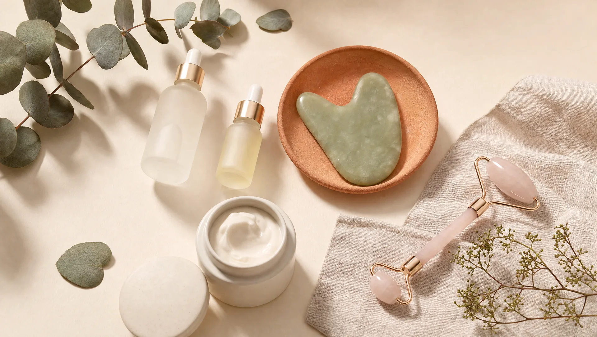 A calm flatlay of skincare bottles, a jade gua sha and a rose-quartz roller on warm linen